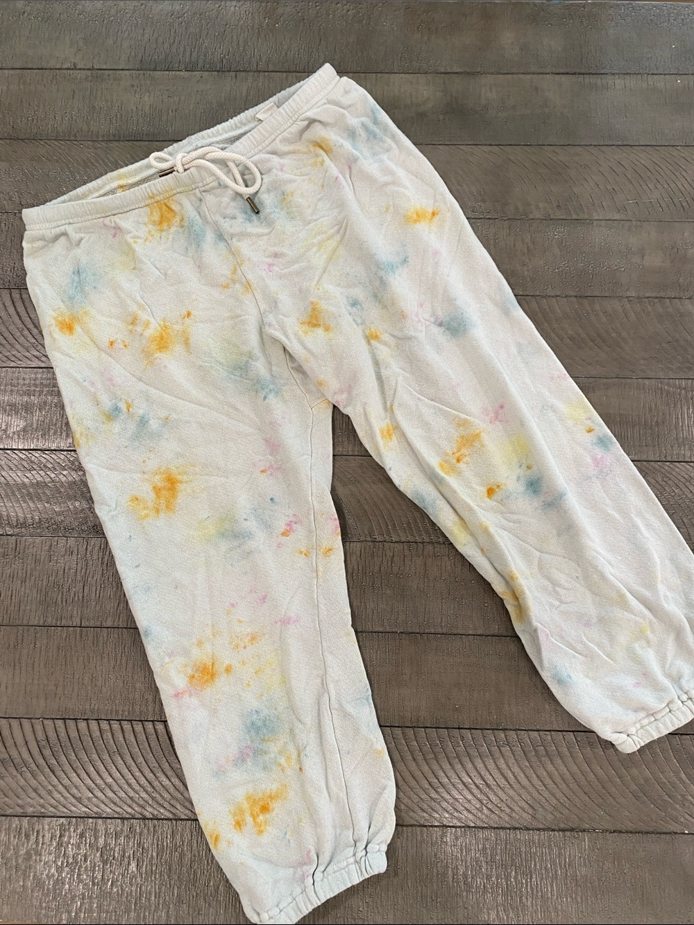 THE GREAT. White Joggers with Pastel Yellow, Blue & Pink Tie-Dye